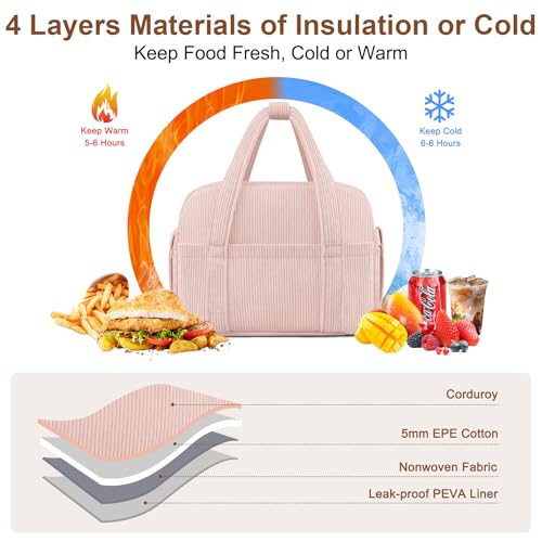 Corduroy Lunch Box Lunch Bag for Women Men (A-Pink / Small - 7L)