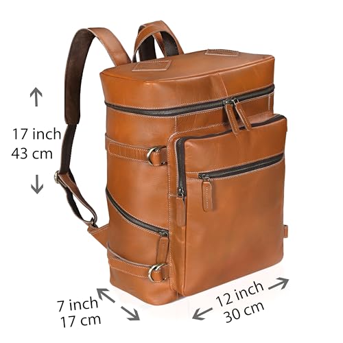 Leather Tan Backpack For Men Genuine Laptop Rucksack For Men Women Genuine Leather Vintage Large Capacity Business Retro Travel Camping Daypack (Tan)
