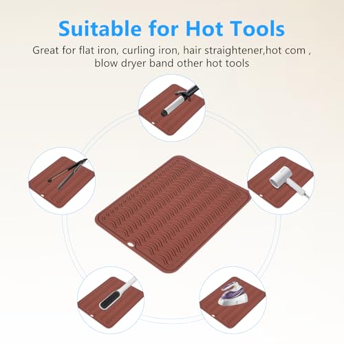 Heat Resistant Mat Oversize Curling Iron Mat Silicone Hot Hair Tools Mat for Hair Straightener (Brown)