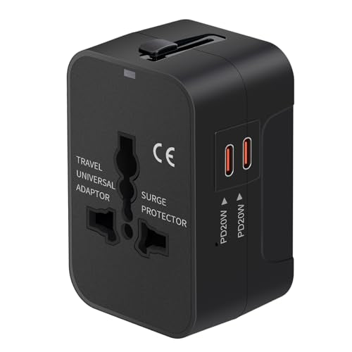 Universal Travel Adapter Fast Charger All in One Plug Adapter 2 USB (Bright Black)