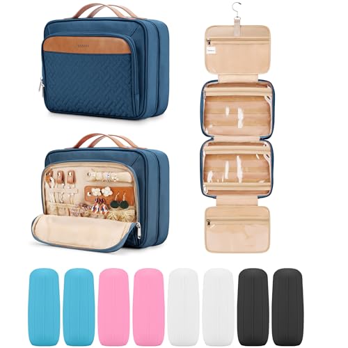 Travel Hanging Toiletry Bag for Women and Men (Navy Blue / Medium*1 + Leak Proofing Bottle Covers*8)