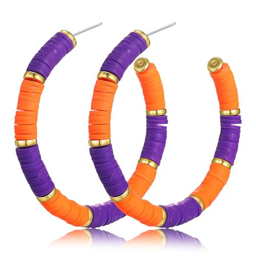 Game Day Earrings Football Baseball Earrings for Women Sports Team Heishi Hoop Earring Football Accessories Outfits Cheer Mom Essentials Fall Sports Must Haves Cheer Gifts (Orange Purple)