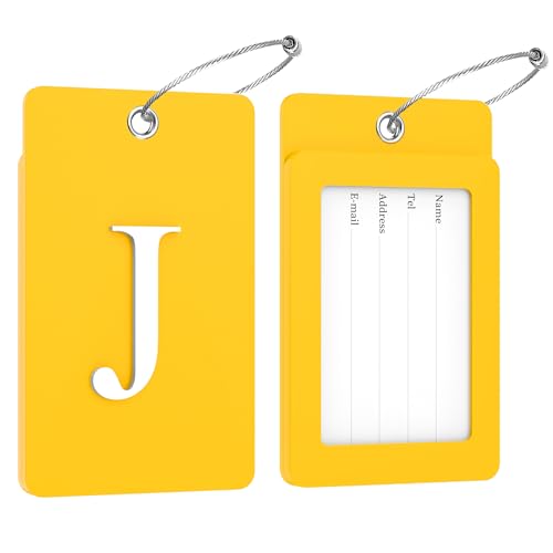 2 Pack Initial Luggage Tags for Suitcases Airplane Travel Essentials (Large J / Yellow)