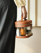 Travel Makeup Case Clear Vanity Bag with Brush Holder (Brown / Train Case)