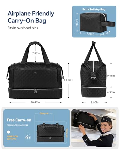 Travel Duffel Bags 39L Large Weekender Bags for Women Carry On Bag (Black-2 Pcs)