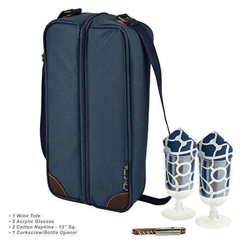 Insulated Wine Tote with 2 Wine Glasses (Trellis Blue)