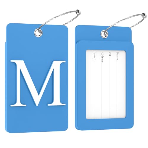 2 Pack Initial Luggage Tags for Suitcases Airplane Travel Essentials (Large M / Blue)