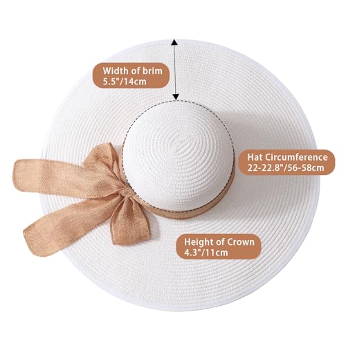 Womens Big Bowknot Straw Hat Foldable Sun Hats Floppy Beach Hat Large Roll up Cap UPF 50+ (White With Khaki Band/ 5.5" Brim, 1 Pack)