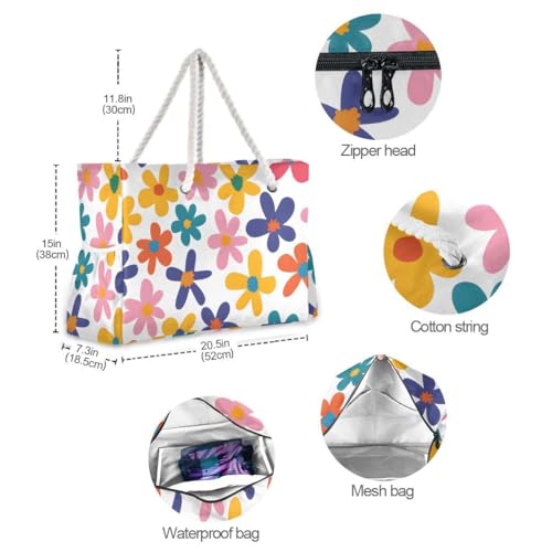 Large Beach Bags Totes Canvas Tote Shoulder Bag Soft Wave Water Resistant Bags for Gym Travel Daily Ocean (Colorful Flower)