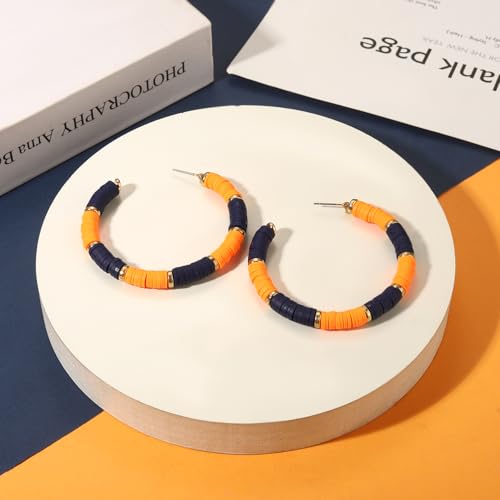 Game Day Earrings Football Baseball Earrings for Women Sports Team Heishi Hoop Earring Football Accessories Outfits Cheer Mom Essentials Fall Sports Must Haves Cheer Gifts (Orange Navy)