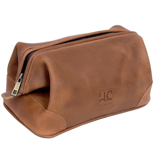 Leather Toiletry Bag for Men Best Gift Premium Genuine Leather Dopp Kit Shaving Kit Organizer Travel Kit Pouch Bag for Men Large Size (Tan)