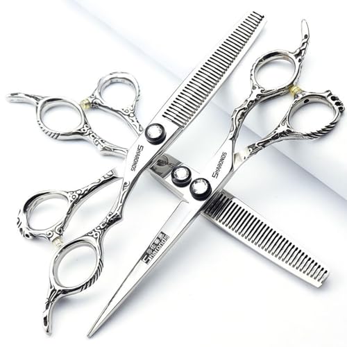 6/7/8 Inch Professional Hairdressing Scissors Barber Rose Pattern Hair Stylist Shears Styling Tool Japanese Stainless Steel Clippers (7-in three piece set) (7-inch -3pc-a)