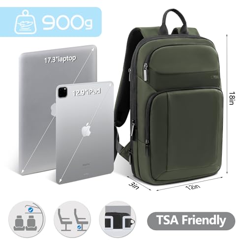 Backpack for Men Slim & Expandable Travel Laptop Backpack with USB Charging Port Water Resistant Anti (Olive Green / 17.3”)