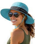 Womens Sun Hat with Ponytail Hole Beach Hiking Summer Wide Brim UPF 50+ Outdoor Protection Foldable Bucket Hat Blue (Blue)