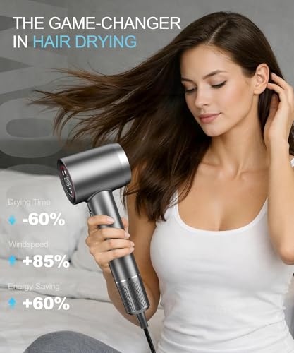 Hair Dryer Negative Ionic Blow Dryer with 150000 RPM High Speed Brushless Motor for Fast Drying (Dark Gray)