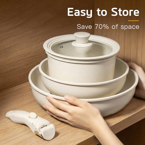 17PCS Pots and Pans Set Nonstick Cookware Set with Detachable Handle (Cream White / 17PCS-Standard)