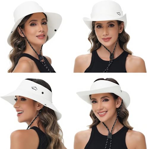 Sun Hats for Women Bucket Hat UV Protection Fishing Hat Wide Brim Safari Hats 2 in 1 Zip (With One Pair Cooling Sleeves-1pack-white)
