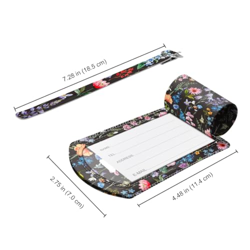2 Pack Luggage Tags Leather Name ID Labels with Privacy Cover (Black Floral)