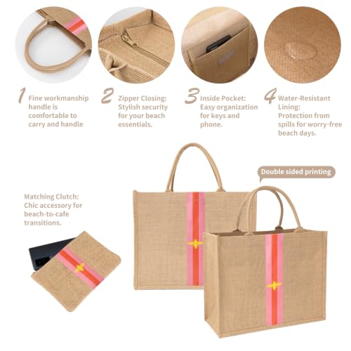 Large Beach Bag Jute Woven Pink and Red. Beach Bags for women. Versatile tote use as a Pool bag or Work tote (Red)