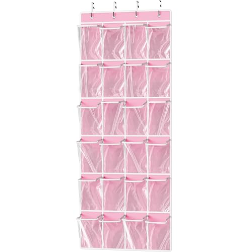 24 Pockets Large Clear Over the Door Shoe Organizer (Extra Large Pockets / Pink)