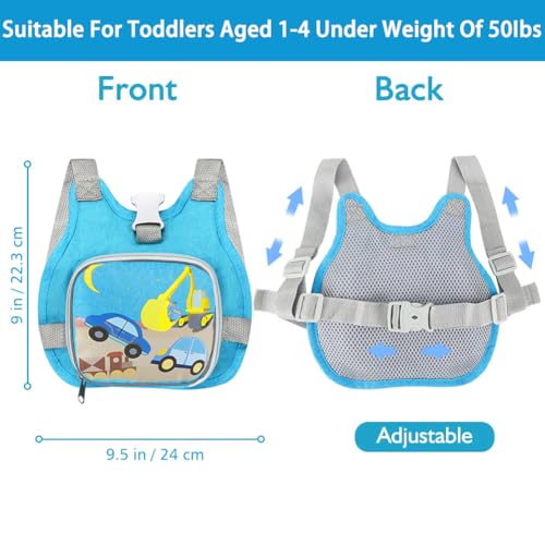 Toddler Harness Leash + Reflective Anti Lost Wrist Link (Sky Blue/Car & Excavator)