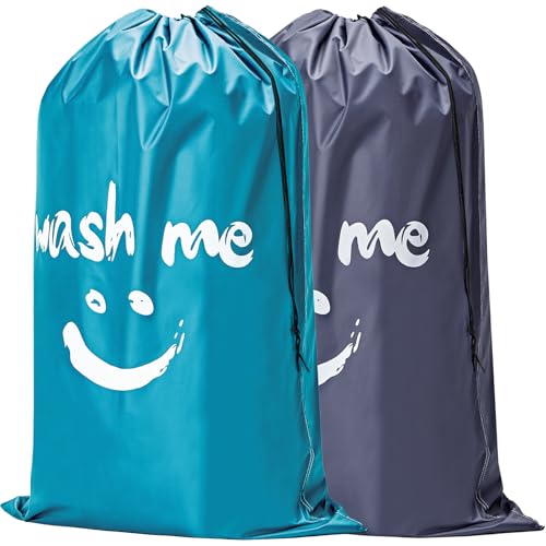 2 Pack XL Laundry Bag 28" x 40" ((2 Pack - Wash Me) Grey & Sky Blue)