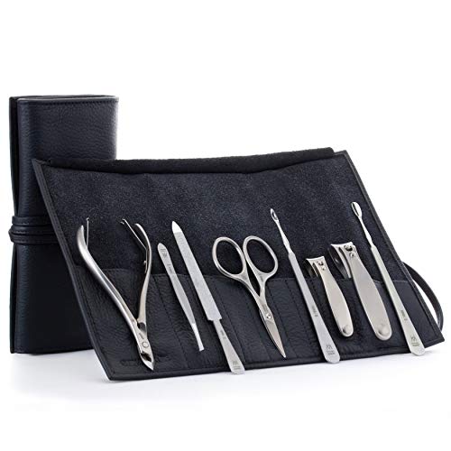 8pc Complete Manicure & Pedicure Set (8-Pc: Combo Scissor, Sapphire File, Pusher / Black Leather Roll)