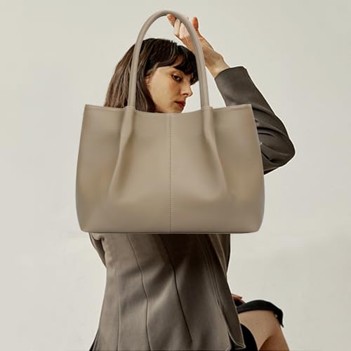 Tote Bag for Women Vegan Leather Shoulder Purse Trendy Travel Bag (Khaki)