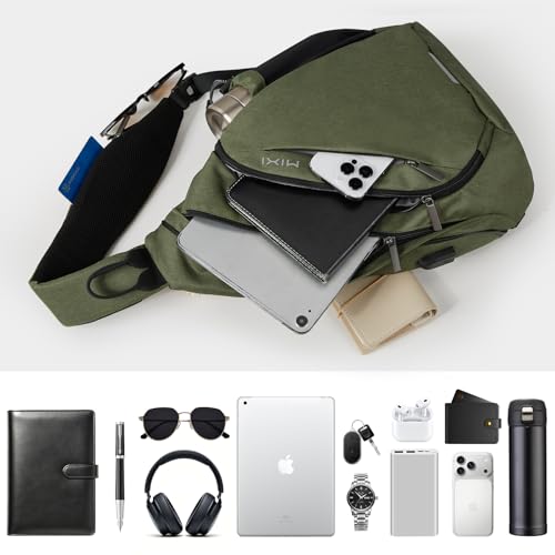 Sling Bag Men Backpack Unisex One Shoulder Bag Hiking Travel Backpack Crossbody with USB Port for Men Women Versatile Casual Daypack (Olive Green-20'')