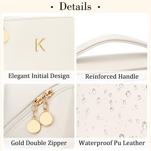 Initial Makeup Bag Personalized Gift for Women Teen Girls (MediumBeige / K)