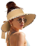 Women's Straw Sun Visor Hat UPF Wide Shade Ponytail Summer Hat (One Size / Leopard Print)