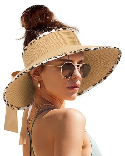 Women's Straw Sun Visor Hat UPF Wide Shade Ponytail Summer Hat (One Size / Leopard Print)