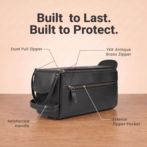 Genuine Leather Toiletry Travel Bag For Men & Women (Distressed Black / 10"X5")