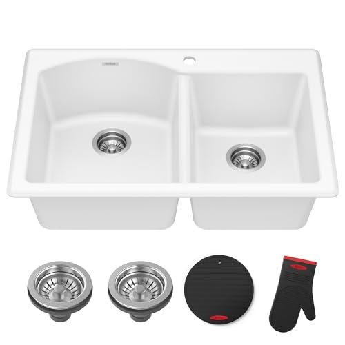 White 33 in Double Bowl Granite Kitchen Sink KGD (60/40 Double Bowl Sink / White)