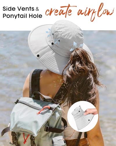 Sun Hats for Women Wide Brim Bucket Hat Ponytail Hole Outdoor UPF (Grey)