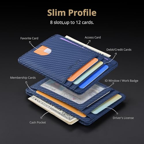 Slim Minimalist Front Pocket RFID Blocking Leather Wallets for Men and Women (Small / Carbon Fiber Blue)