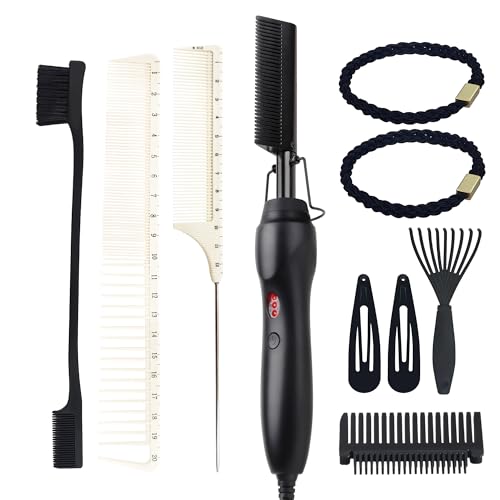 Electric Hot Comb Hair Straightener Heat Pressing Comb Curling Flat Iron Curler Hair Straightener Brush for Natural Black (Black-3-gear)