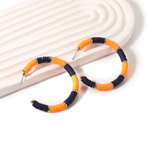 Game Day Earrings Football Baseball Earrings for Women Sports Team Heishi Hoop Earring Football Accessories Outfits Cheer Mom Essentials Fall Sports Must Haves Cheer Gifts (Orange Navy)