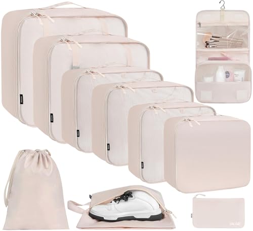 10 Set Packing Cubes Various Sizes Packing Organizer for Travel Accessories Luggage Carry On Suitcase (Cream / 10 Set-full Mesh)