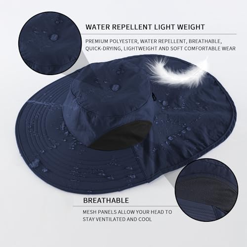 UPF50+ Mens Sun Hat Wide Brim Mesh Fishing Hat with Neck Flap UV Protection Hat for Gardening Golf Navy Blue (Large-X-Large / Navy Blue)
