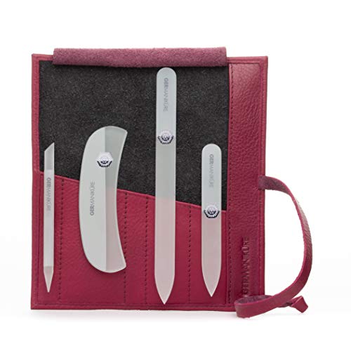 Czech Gray Crystal Glass Nail File Set (4-Pc: Nail File, Travel File, Moon File / Magenta Leather Roll)
