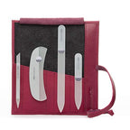 Czech Gray Crystal Glass Nail File Set (4-Pc: Nail File, Travel File, Moon File / Magenta Leather Roll)