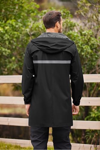 Men's Long Raincoats Lightweight Hooded Rain Jackets Waterproof Packable Outdoor Hiking Reflective Stripe Jacket (Silver Strip/Black / XX-Large)