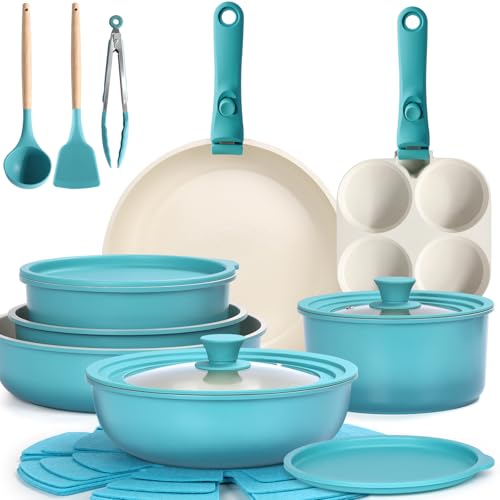 21PCS Pots and Pans Set Nonstick Cookware Set with Detachable Handle (Light Blue Gradient / 21PCS-Big Size)