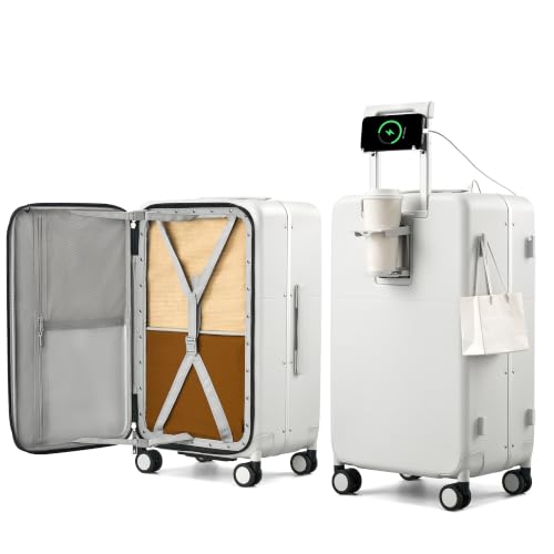 24 Inch Top Opening Checked Luggage with Cup Holder and USB Ports (Smoke White / 24 Inch Pro)