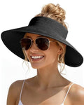Womens Sun Visor Hats Wide Brim Straw Beach Hat UV Protection Ponytail Packable Beach Vacation Essentials Black (Black / One Size)