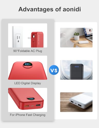 Portable Charger Power Bank 20000mAh with Built in Cables & Wall Plug (Red)