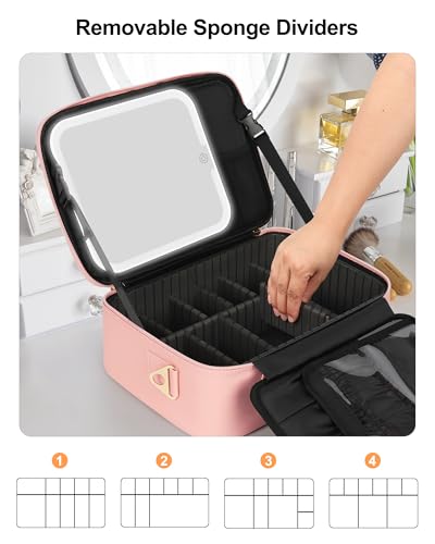Travel Makeup Bag With LED Mirror (01-Pink / 2-Medium)