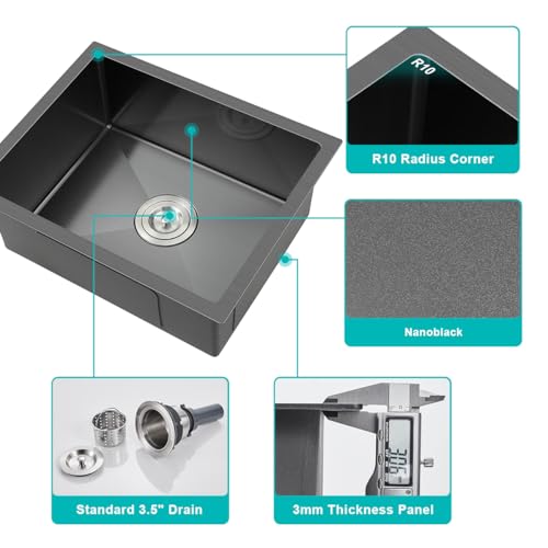 24x18 Inch Undermount Kitchen Sink 18 Gauge 304 Stainless Steel (Black / D24"xW18"xH9")