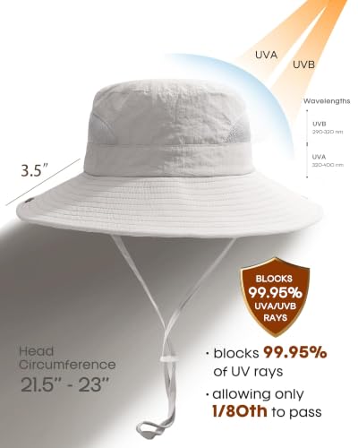 Womens Sun Hat with Ponytail Hole Beach Hiking Summer Wide Brim UPF 50+ Outdoor Protection Foldable Bucket Hat Light Grey (Light Grey)